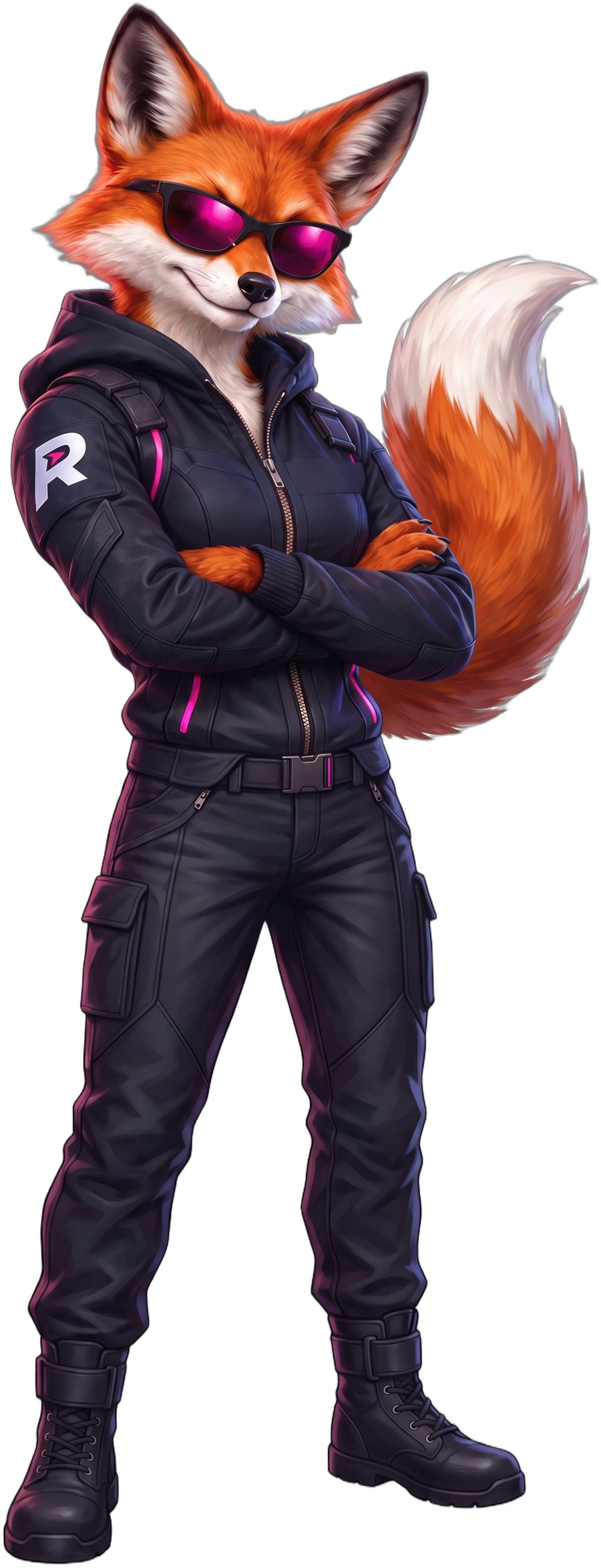 The RankSteer fox, standing with its arms folded