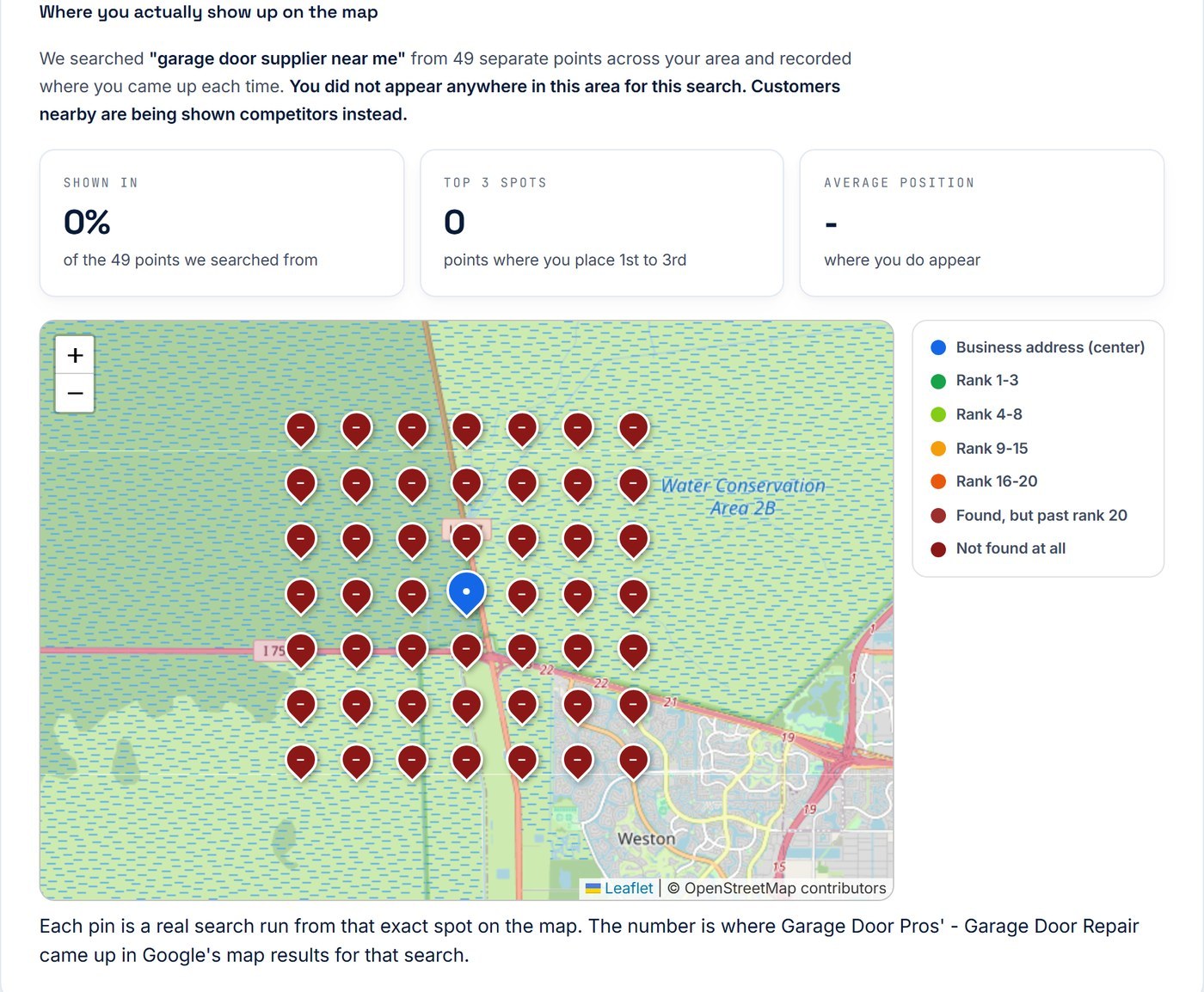 A map grid of sample points around a service area, each point showing the map position found there