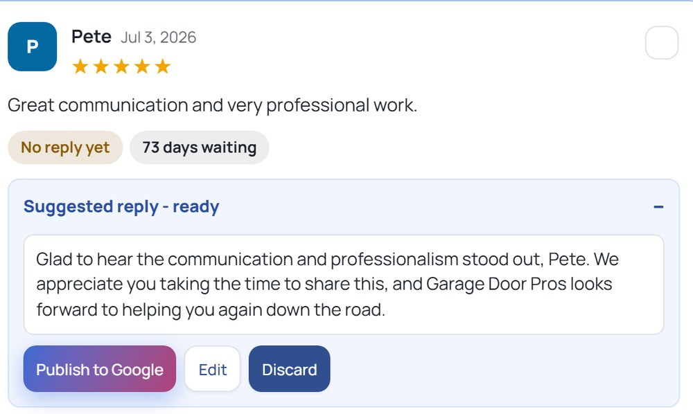 A five star review from Pete with a suggested reply ready to publish, edit or discard