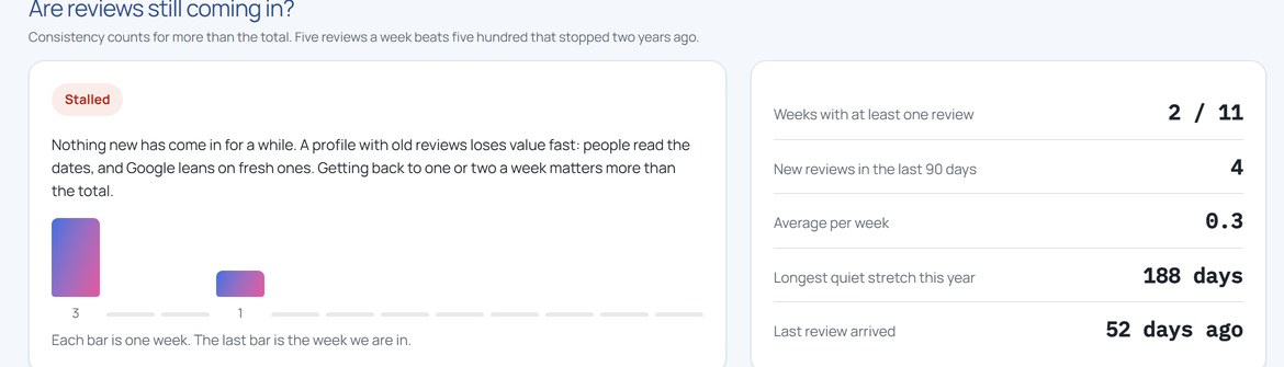 A review pace panel from a RankSteer account showing reviews over time